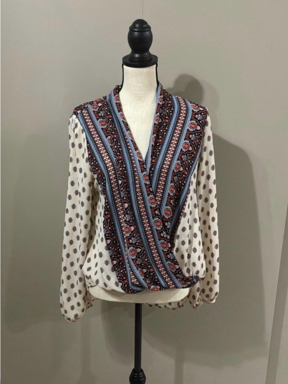 Women's Printed Surplice Blouse in Cream and Blue